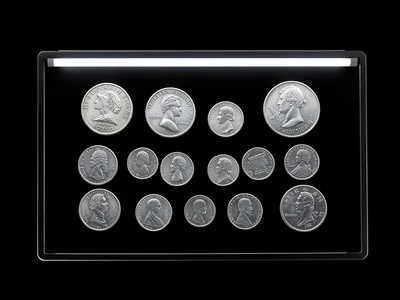 Coins of different countries arranged on scanner, both faces visible through gla