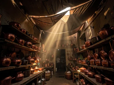 Copper cookware arranged on shelves, shaft of light from roof gap revealing hamm