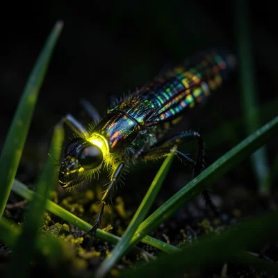 A firefly with its bioluminescent segment glowing yellow-green, on a dark summer
