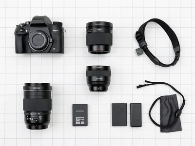 Camera gear: body, three lenses, two batteries, memory cards, lens cloth, strap,