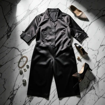 Fashion flat lay: silk blouse, wide-leg pants, heels, jewelry on white marble