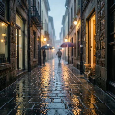 A cobblestone alley in the rain, the wet stones reflecting warm light from a doo