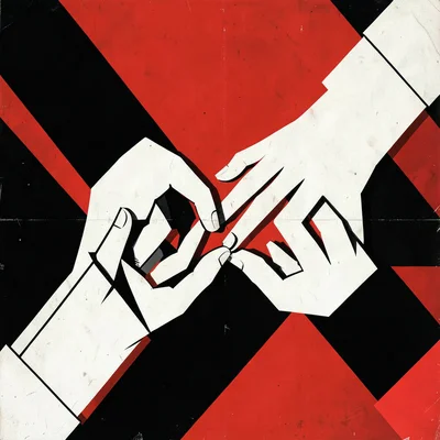 Two hands reaching toward each other, angular fragmented forms