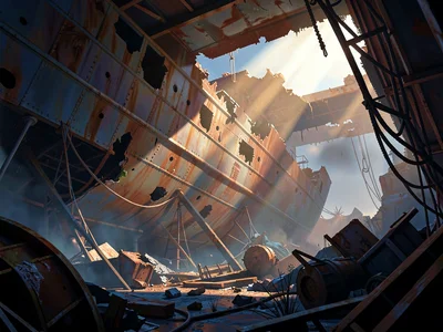 Rusting orbital scrapyard interior pierced by a single sun shaft through broken 