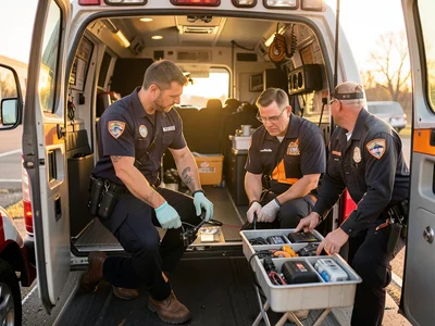 Paramedics at open ambulance bay — golden hour between calls, two EMTs checking 