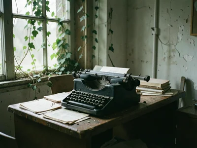 Old typewriter on a desk in a derelict office, papers scattered, ivy growing thr