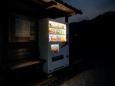 A snack vending machine alone in a rural Japanese bus stop shelter at midnight, 