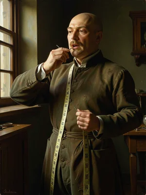 A tailor pinning fabric on a mannequin, pins in mouth, measuring tape draped, wi