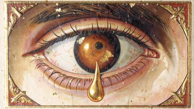 Egg tempera illustration, eye with single golden tear , yolk-bound pigment, gold