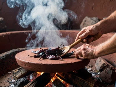Mulato Chiles Charring on Clay Comal