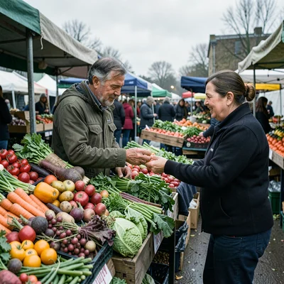 A farmer's market in overcast light, vegetables looking more real than beautiful
