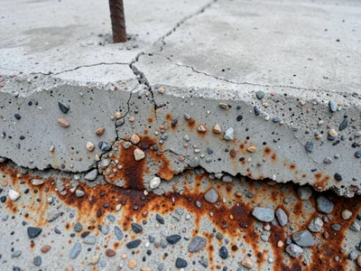Concrete with embedded rebar shadow, rust staining bleeding through from reinfor