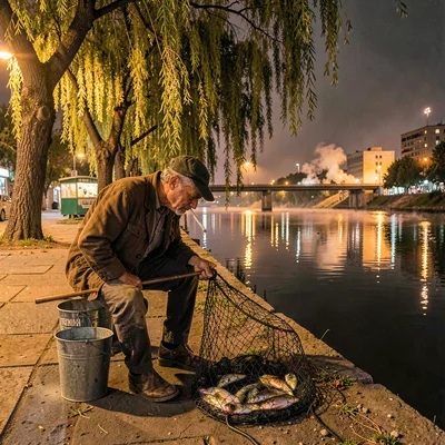 Belgrade brutalist night and Danube reflections, Fisherman mending net by river,