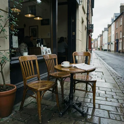 Quiet small town photography, contemplative scene, Two chairs outside a cafe, on