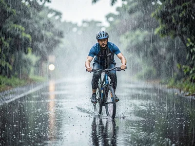 Bicyclist through rain curtain