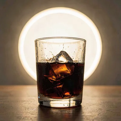 Single ice cube cracking in a glass of amaro, lightbox halo behind, fine condens