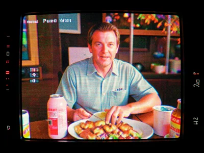 Paused VHS frame of dad at barbecue, scan lines, warm color shift