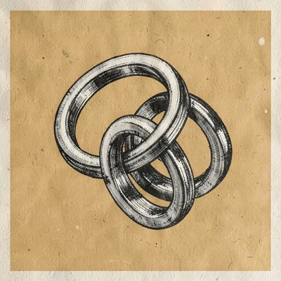 Two-color screenprint poster of three linked silver rings hovering, ochre and bl