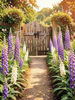 A cottage garden path lined with tall foxgloves in purple and white leading to a