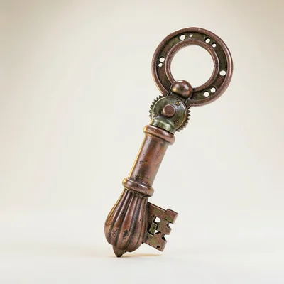 Ornate prop study of a clockwork key with serrated teeth and fluted bow