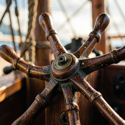 macro of an old ship's wheel handle with worn varnish