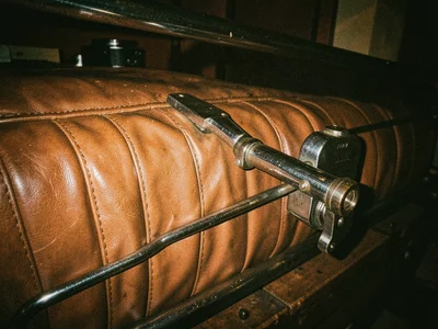 Bellows camera extended, leather pleats and chrome rail mechanism