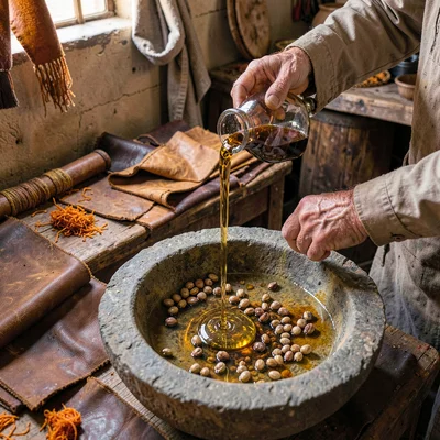 Through the Fes tannery eye, leather and dye craft, Hands pressing argan oil fro