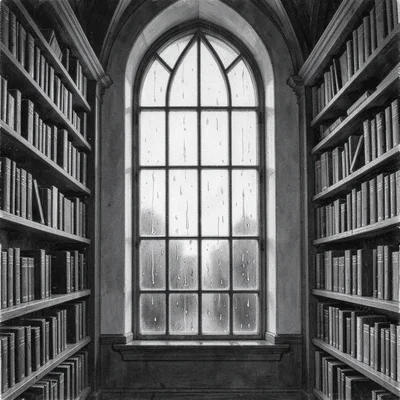 Vertical charcoal of a tall window in a library with rain on the glass
