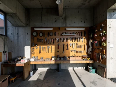 Organized pegboard wall of hand tools, workshop lighting, well-used