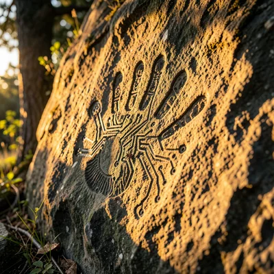 Neanderthal hand print on cave wall but print has circuit board lines