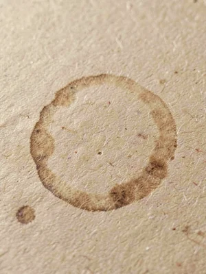 A small water-stain bloom soaked into kraft tan surface leaving a darker damp ri