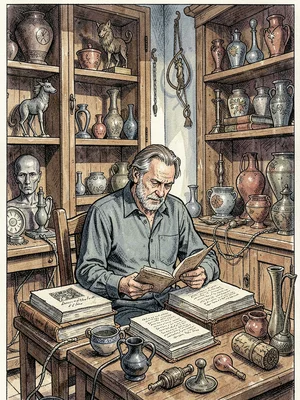 Scholar with ancient artifacts