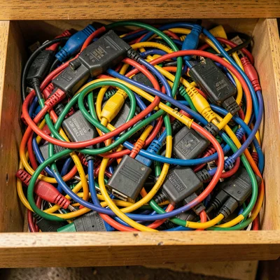 Densely layered composition, rich saturated colors, Tangled pile of charging cab