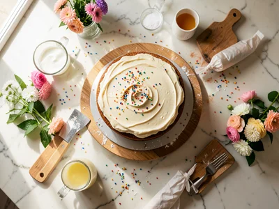 A cake decorating setup: turntable with frosted cake, piping bags, offset spatul
