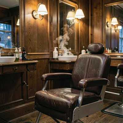 inside a wood-panelled barber shop at lamplight evening, leather chair worn smoo