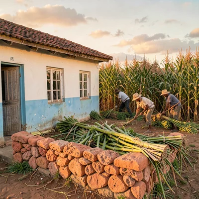 Chattel house colors in Barbados afternoon light, Sugar cane field at harvest, w