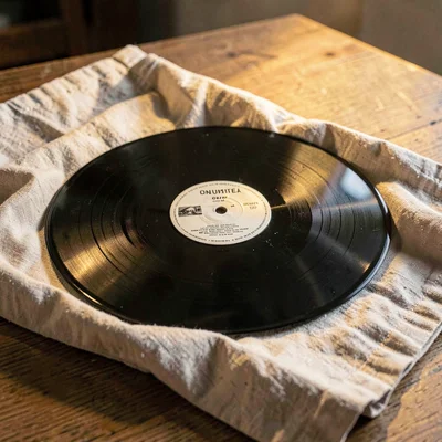 Tabletop hero of a single record resting on folded linen, soft warm sidelight