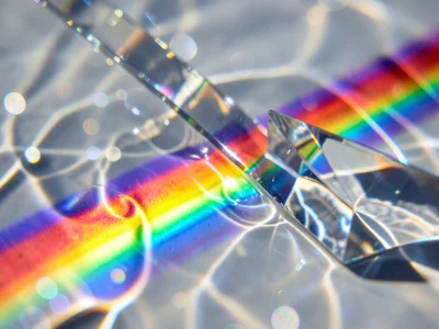 Rainbow light band crossing a pool of still water, spectrum reflected and double