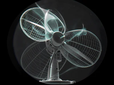 An electric fan blade mid-spin with airflow streamlines visible as refractive in