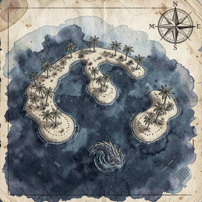 A bird's-eye atoll cluster floating in deep ink-blue ocean with crescent reefs a