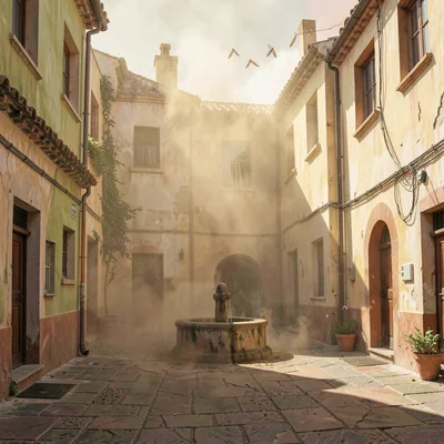 Sirocco-dust courtyard with the well half-veiled in amber haze, walls dissolving