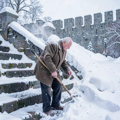 Quebec winter heritage, walled city under snow, Elderly man shoveling snow from 