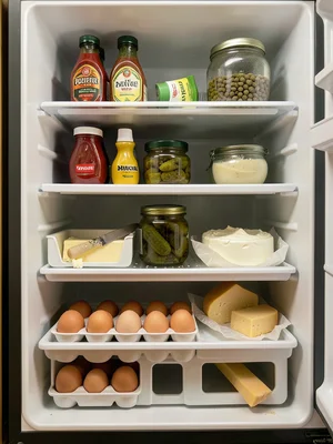 A refrigerator door interior viewed from directly in front with the door at 90 d