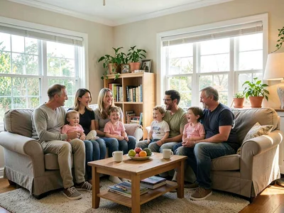 Living room with family gathered, all in frame