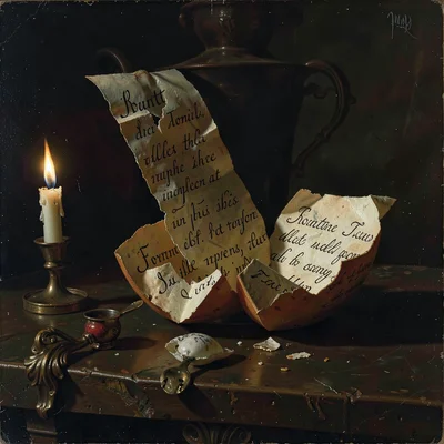 Fortune cookie cracked open on dark surface, paper fortune catching light, myste