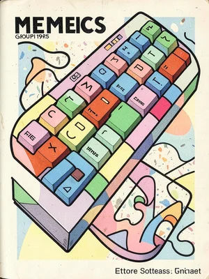 Computer keyboard Memphis style, keys in clashing colors, squiggle wrist rest