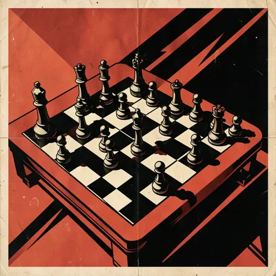 Soviet constructivist poster illustration, a chess game with dramatic perspectiv