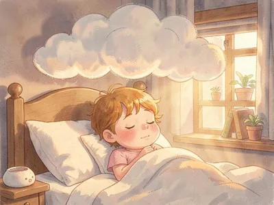 Dreaming child with floating clouds