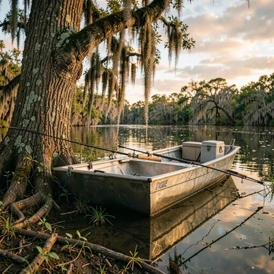 Atmospheric photograph with Louisiana bayou sensibility, An aluminum flat-bottom