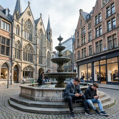 Medieval-modern temporal collision, Ghent layers, Teenagers on smartphones sitti